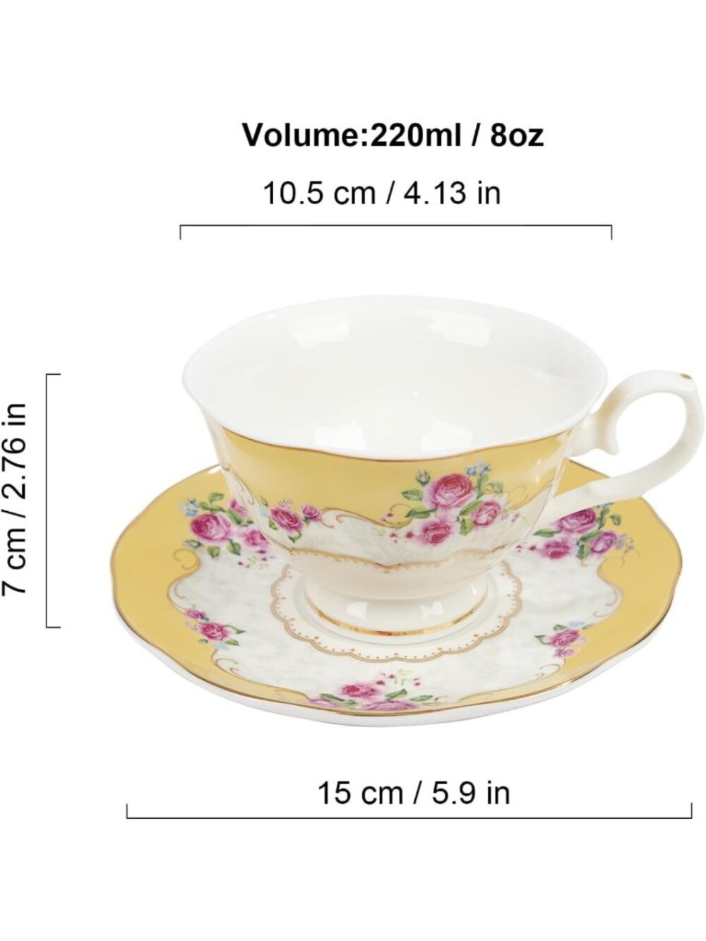 Colorful Floral Porcelain Coffee Cups & Saucers Set for 6 - Elegant Tea Party - Picture 6 of 6